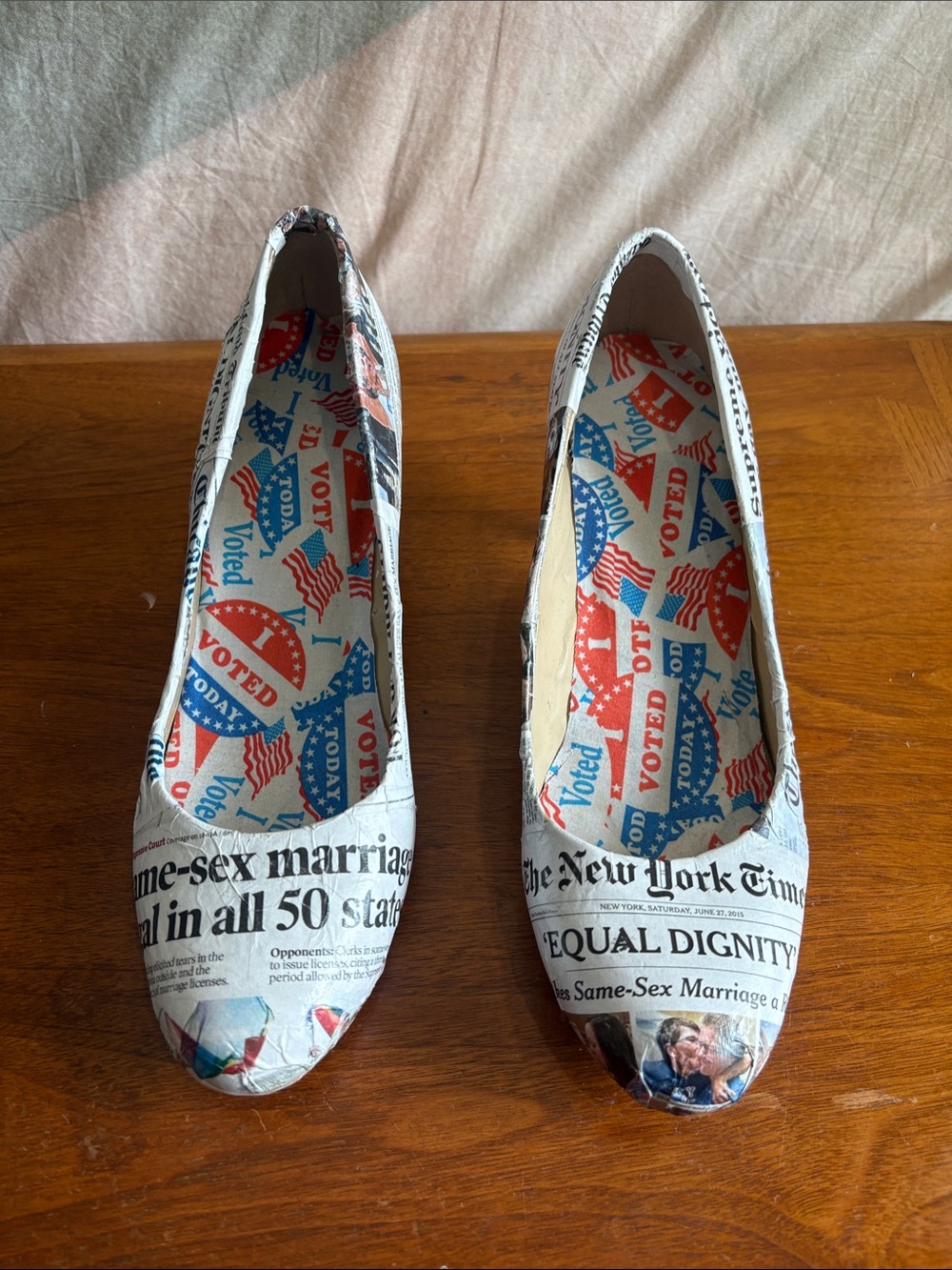 Newspaper Print Women’s Flats in White and Red